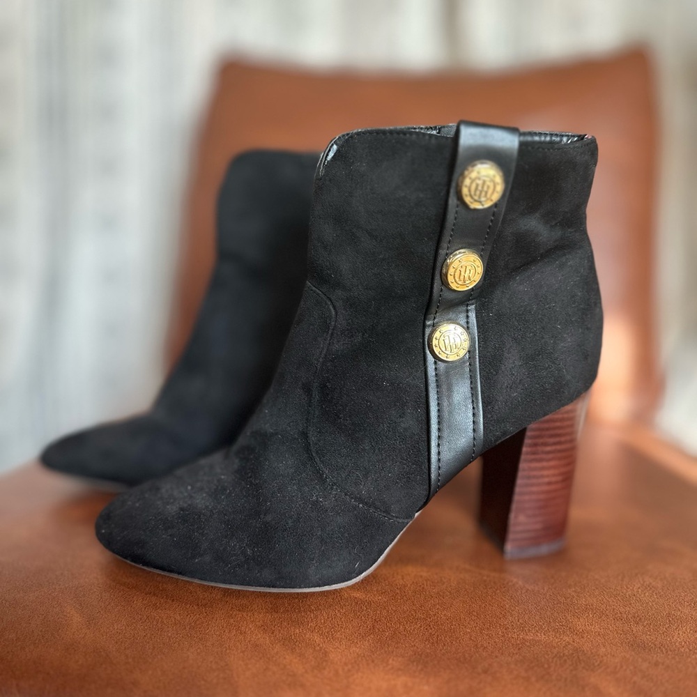 Tommy Hilfiger Black Suede Ankle Boots with Gold Accents
